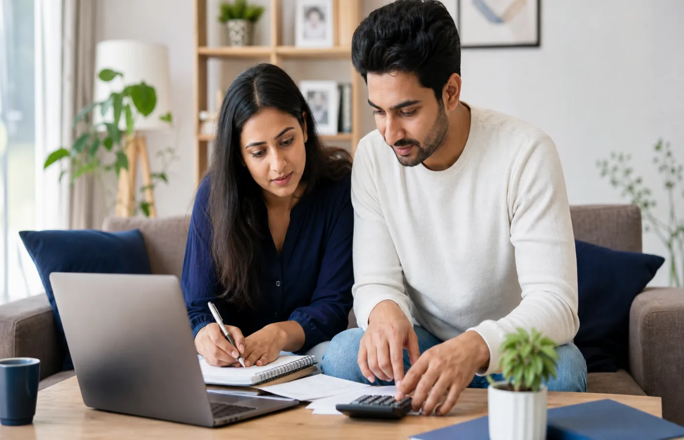 Indian couple planning monthly EMI repayments and a household loan budget